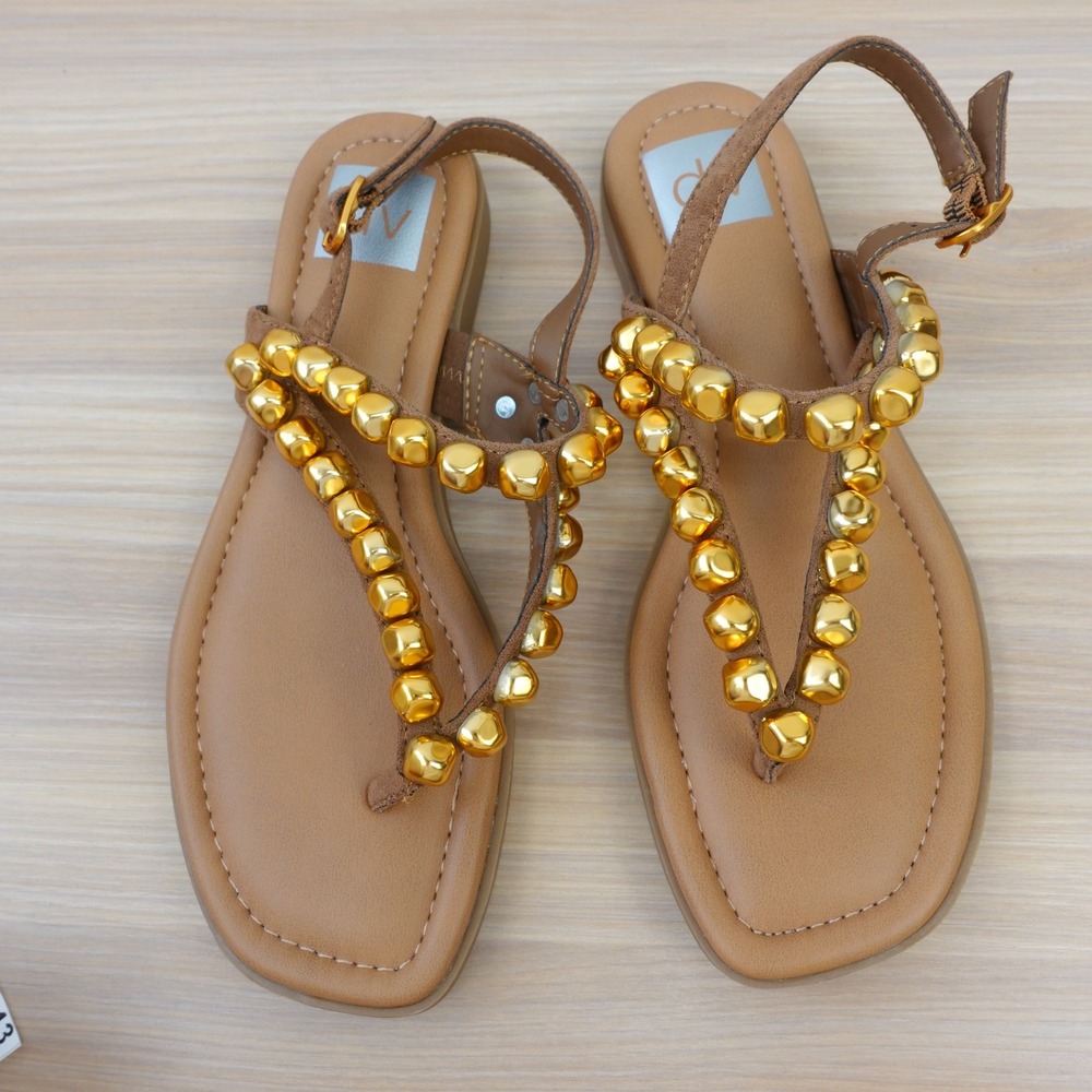 Resort Boho Thong Sandals Womens 6 Brown Festival Gold Beads Flats DV Dolce Vita